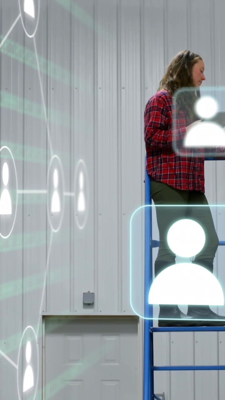 Animation of icons and data processing over caucasian woman working in warehouse