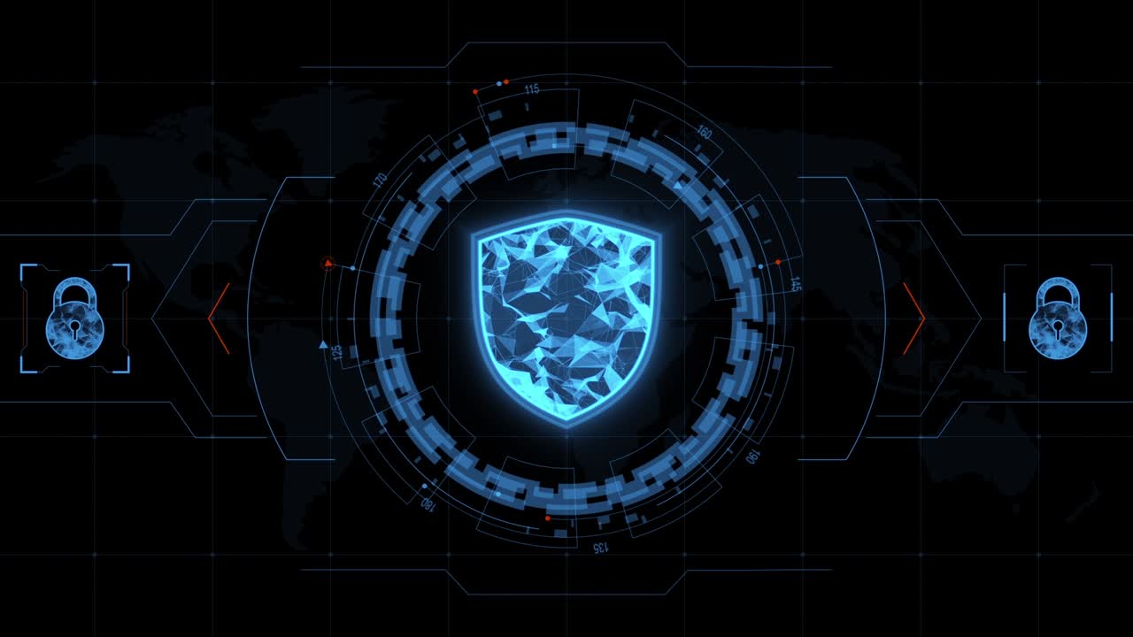 gráfico de movimiento del escudo de seguridad azul con pantalla de cabeza ( hud ui ) interfaz de tecnología y elementos futuristas