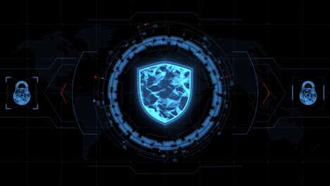 motion graphic of blue security shield with head up display ( hud ui ) technology interface and futuristic elements