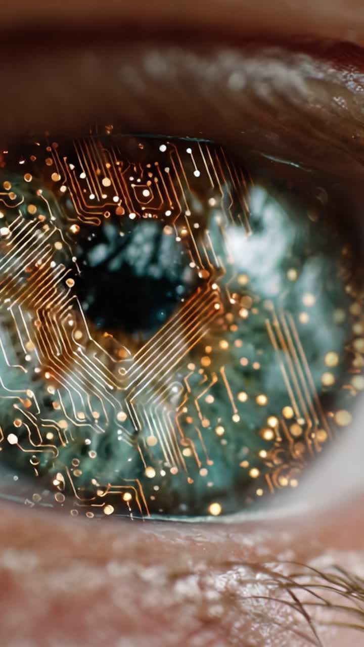 A Fascinating Close-up of an Eye Merged with Intricate Circuit Patterns, Showcasing the Fascination Between Biology and Technology