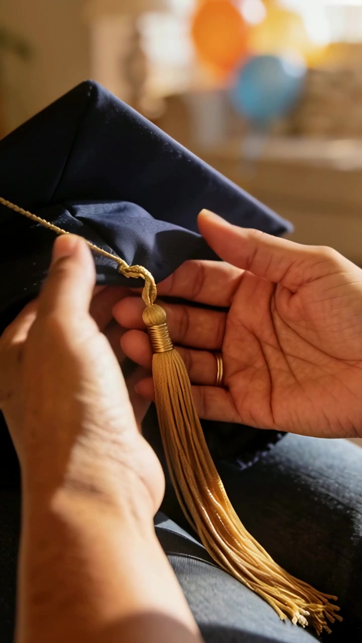 Video verticale: Presa ad anello, mani di un adulto che fanno passare una nappa dorata su un tocco blu navy a casa per la laurea