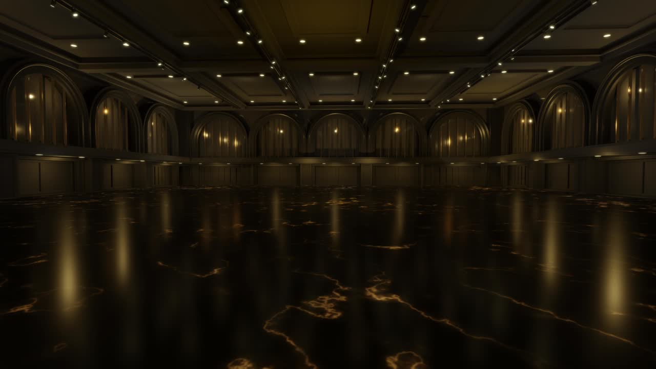 조명과 함께 빈 홀 컨벤션. 스탠드, 부스, 제품, 컨퍼런스, 온라인을위한 큰 방을위한 모션 배경. 엔터테인먼트, 콘서트, 이벤트, 스포츠, 라이브를위한 3d 배경.