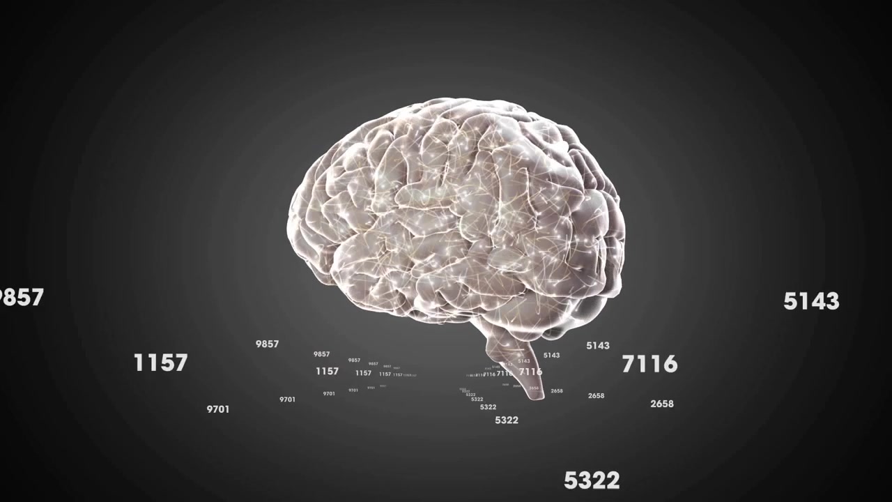 Emerging 3D-translucent brain rotating in studio, pulsing nodes, numeric labels mapping neural data