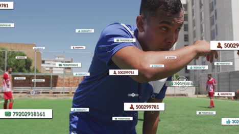 atleta descansando en el campo con puntos de datos y números animación sobre el fondo