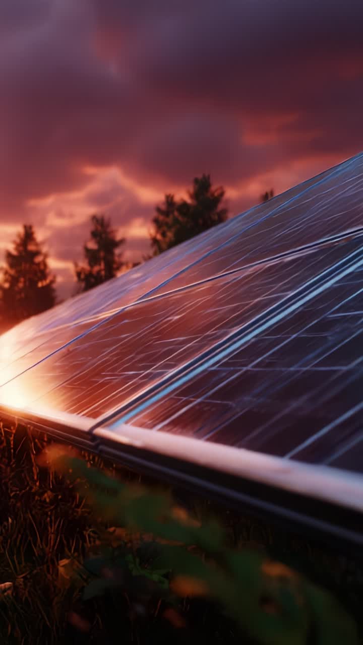 Una vista affascinante di pannelli solari catturata al tramonto, che mette in mostra la tecnologia dell'energia rinnovabile e la splendida interazione tra luce e natura
