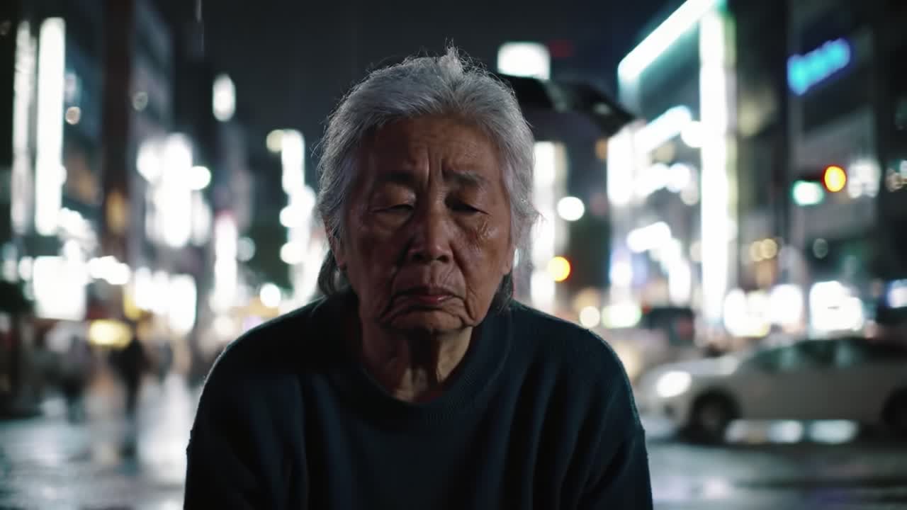 An Elderly Individual Reflects in a Neon-Lit Urban Landscape at Night, Capturing the Essence of Loneliness and Resilience Amidst a Crowded Metropolis.