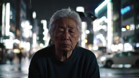 an elderly individual reflects in a neon-lit urban landscape at night, capturing the essence of loneliness and resilience amidst a crowded metropolis.