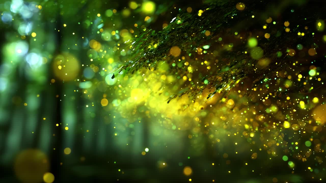 A Beautiful Forest Scene with Glittering Particles and Rays of Light Illuminating Lush Greenery, Creating a Magical Atmosphere of Nature's Wonder and Serenity
