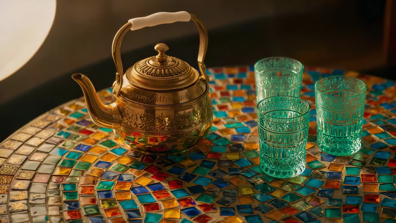 Bevegende kamera nærmer seg tekanne i messing på fliselagt bord, avslører graveringer og turkise glass.