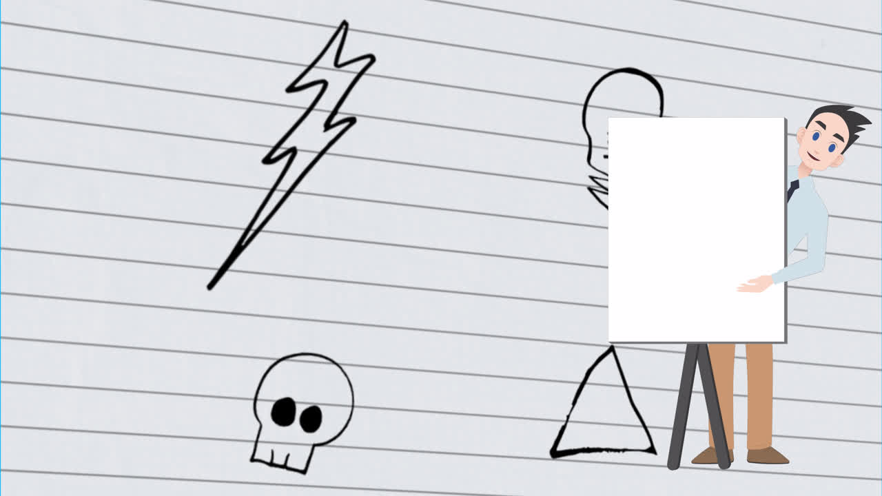 animación de un hombre hablando sobre dibujos escolares