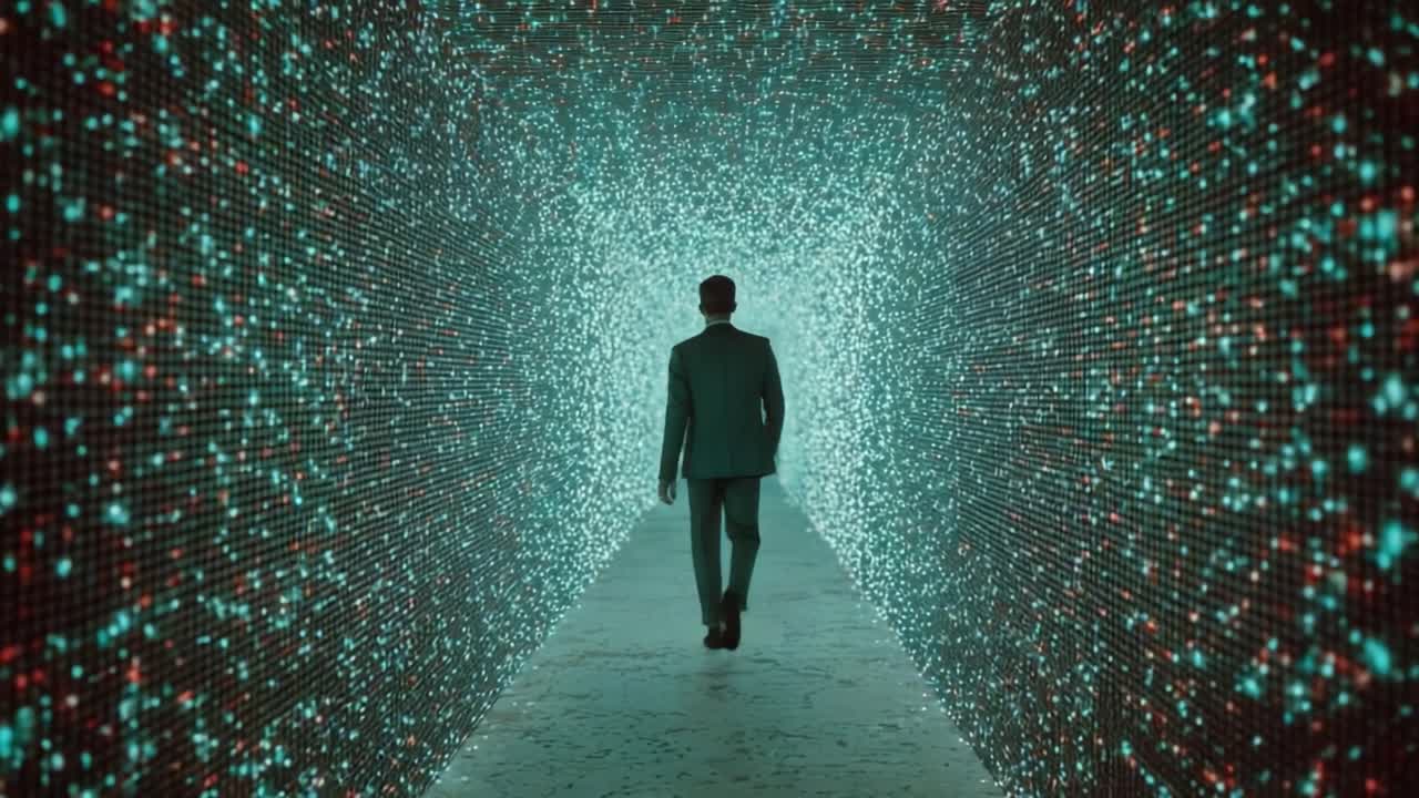 A Businessman Walking Through a Digital Corridor of Glimmering Lights and Futuristic Graphics, Embodying the Intersection of Technology and Progress