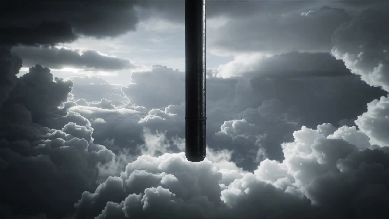 Metalcylinder kommer ind fra toppen i midten, falder ned i en skybanke og danner en tågefane til en flytest.