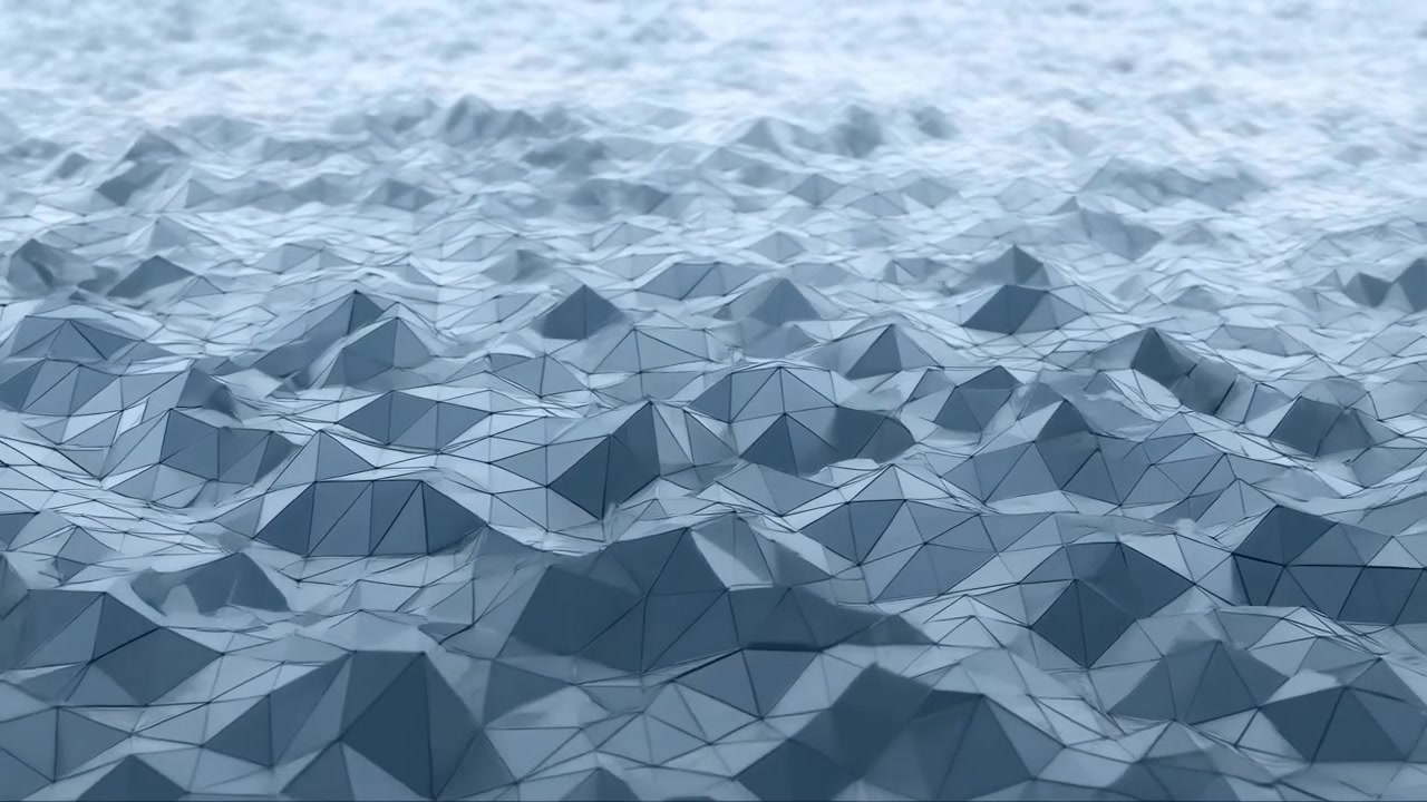 Low Poly Ocean Surface, Triangular Faceted Waves Rolling Under Cool Blue Light, Misty Horizon, Subtle Motion,