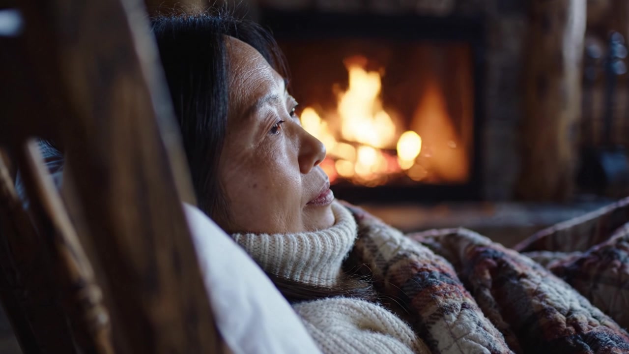 Serene Woman Relaxing by a Cozy Fireplace, Wrapped in a Warm Blanket, Enjoying a Quiet Moment of Reflection in a Rustic Log Cabin Setting