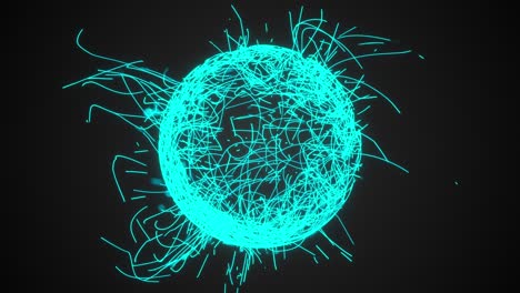 3d rendering, computer generated sphere or ball of numerous neon particles and lines on a black background