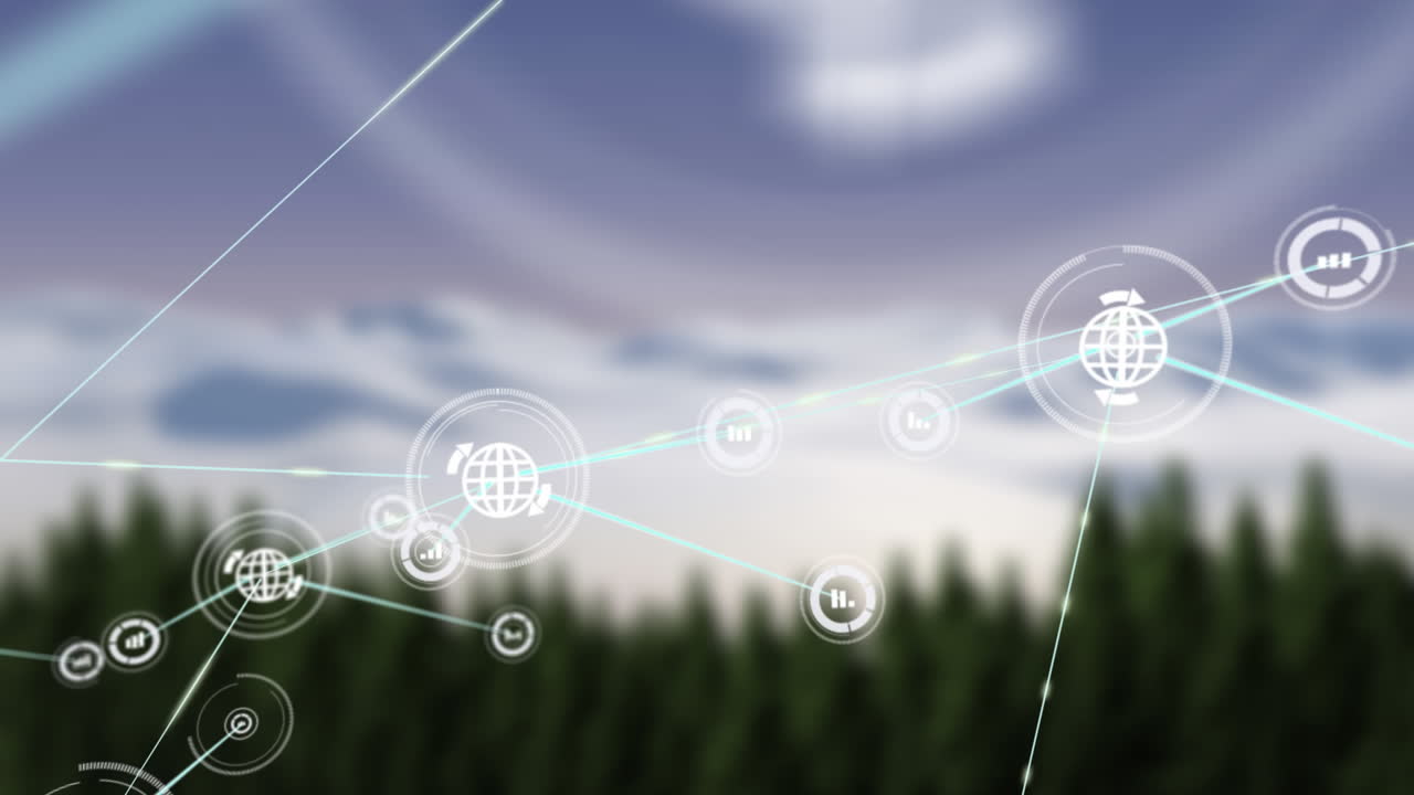 Animation of network of digital icons against winter landscape