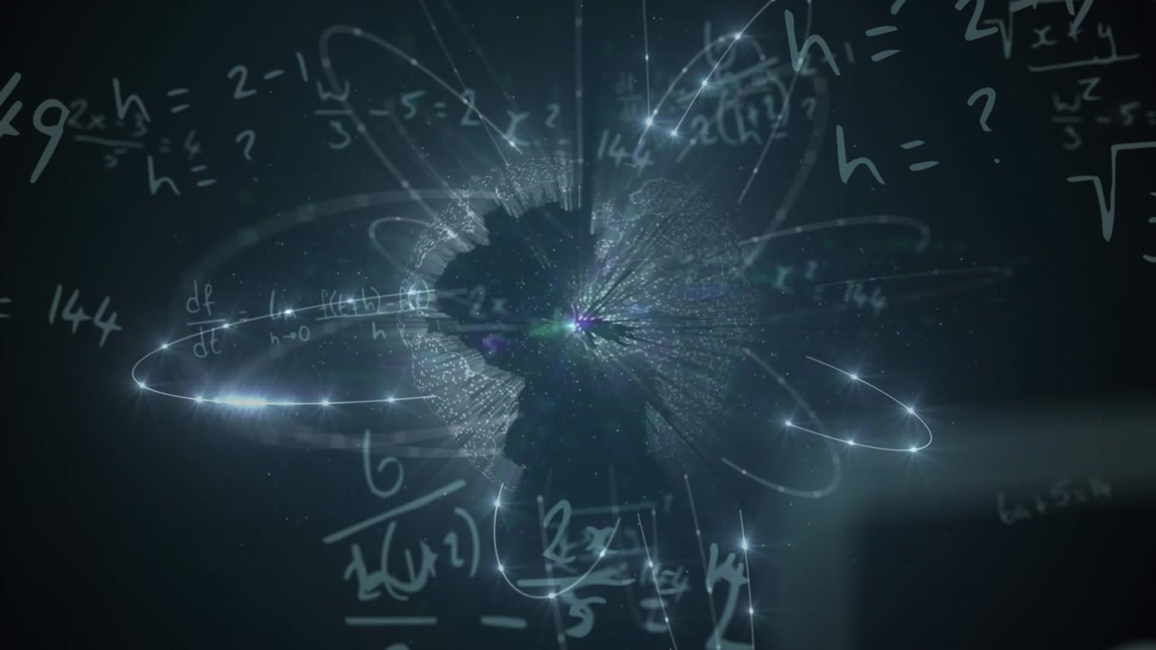 Animazione di equazioni matematiche su forme su sfondo nero