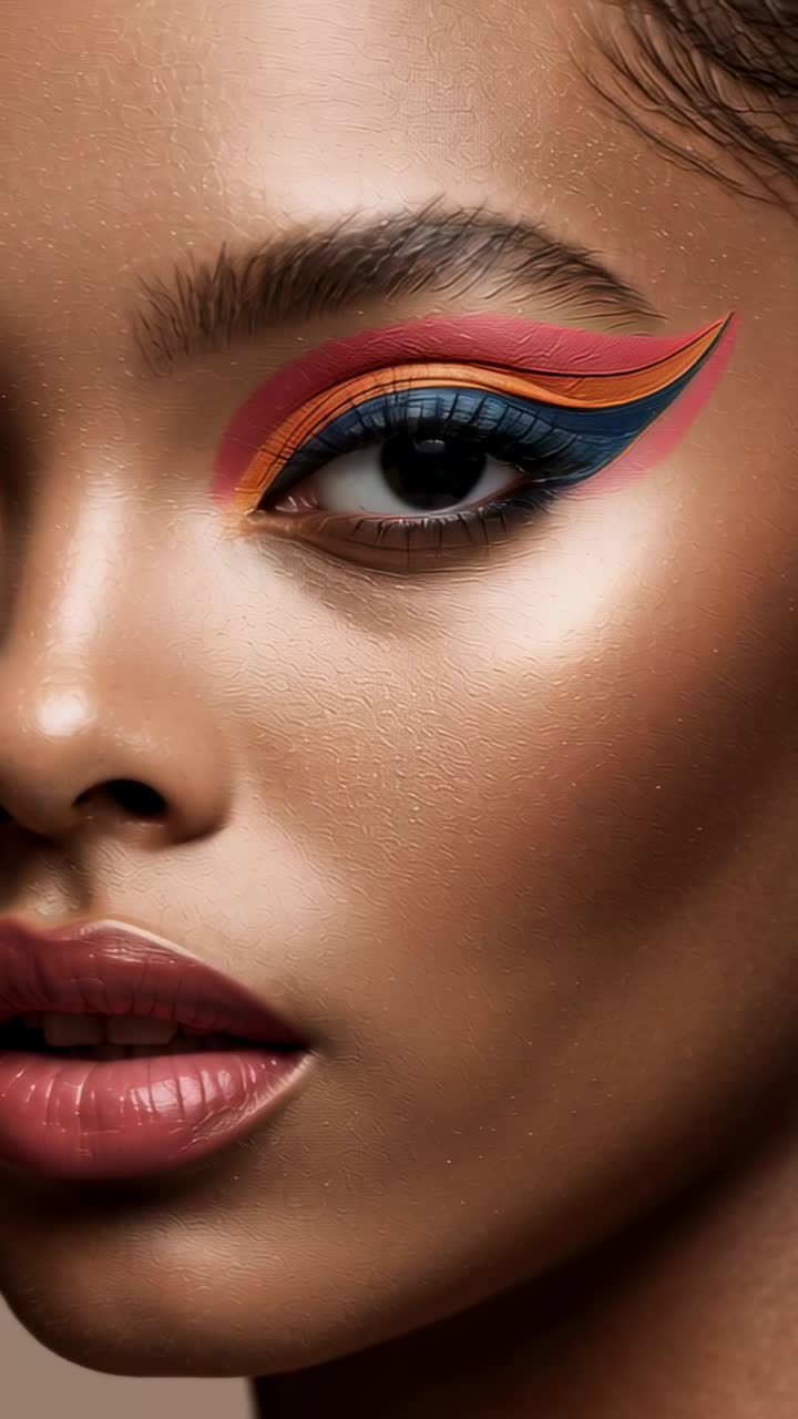Vertical video: Camera pulling back, model holding calm pose in studio, showing layered eye makeup