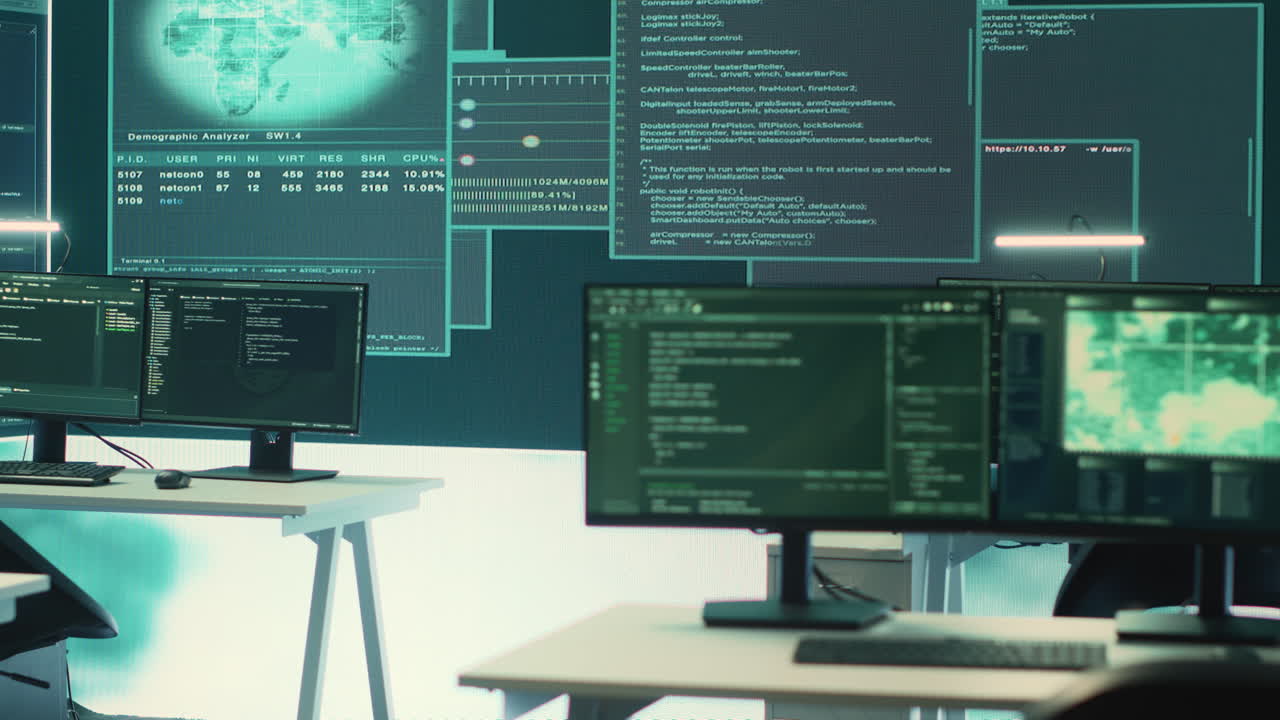 High tech empty surveillance room for cyber security monitoring