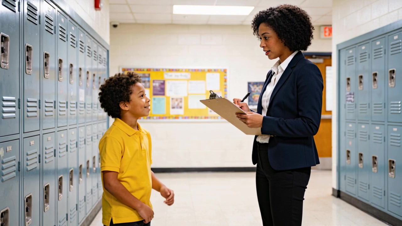 Speaking staff in blazer noting near school lockers, checking yellow-polo student with clipboard