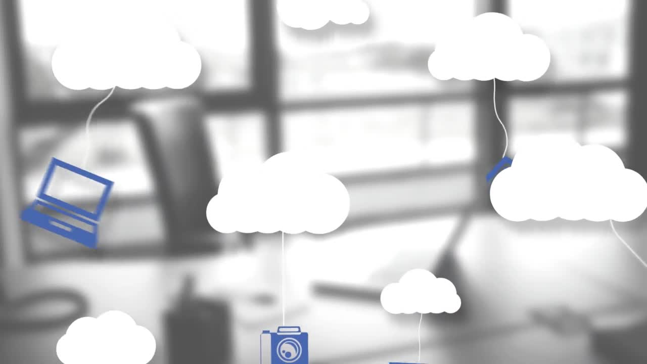 animación de nubes e iconos digitales en el portátil en el escritorio