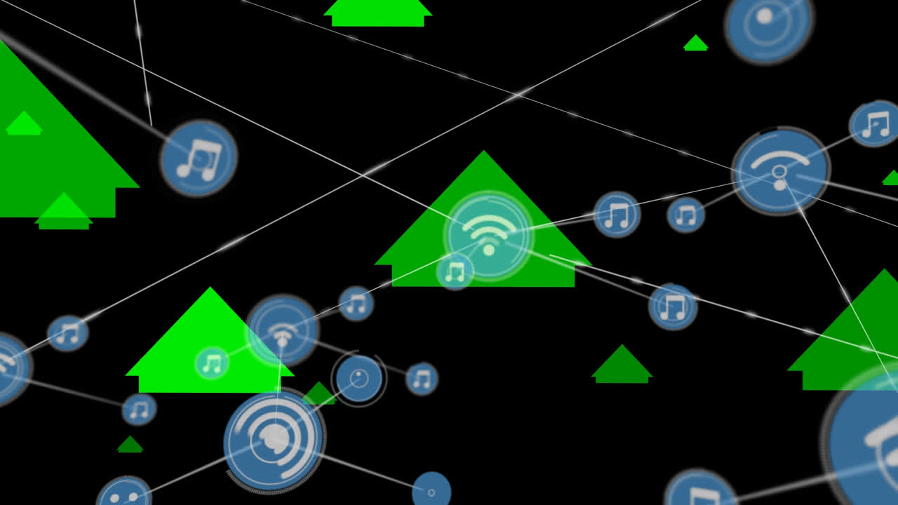 Animation of network of connections with notes icons over arrows on black background