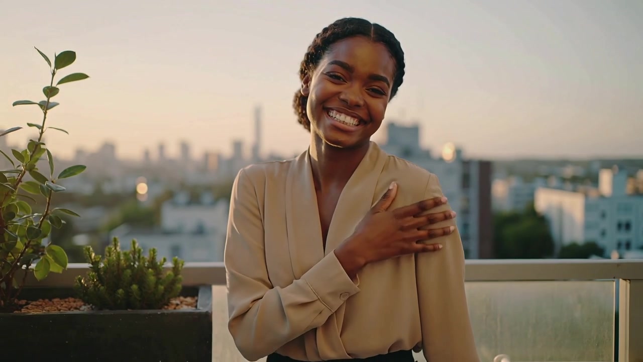 Mulher sorridente de blusa posando para a câmera, tocando o ombro em uma varanda ao pôr do sol, com jardineira.