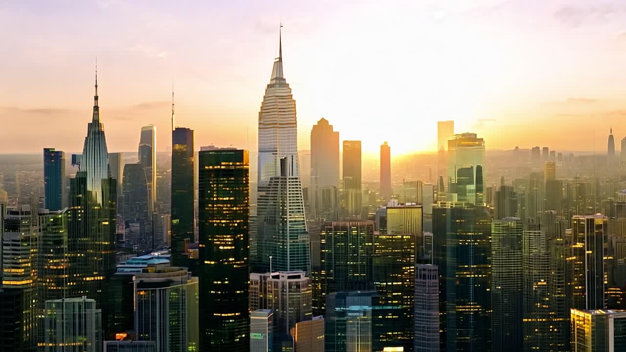 The new york city skyline gradually transitions from the dark hues of night to the warm, vibrant colors of sunrise