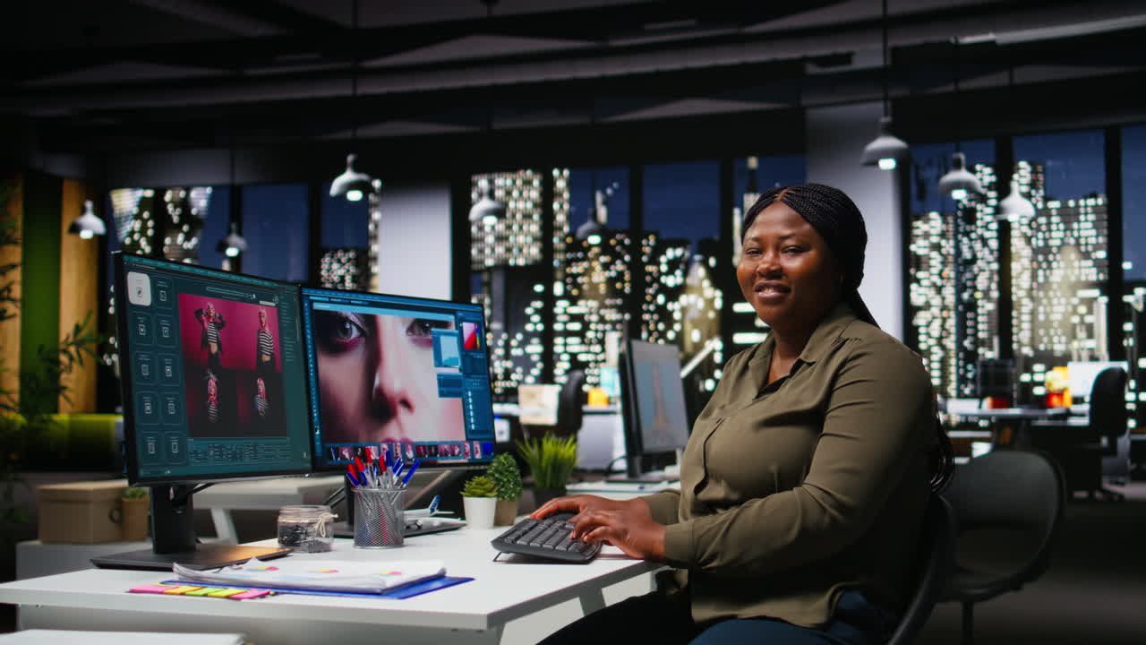 Woman expert developer works with photo editing software and AI