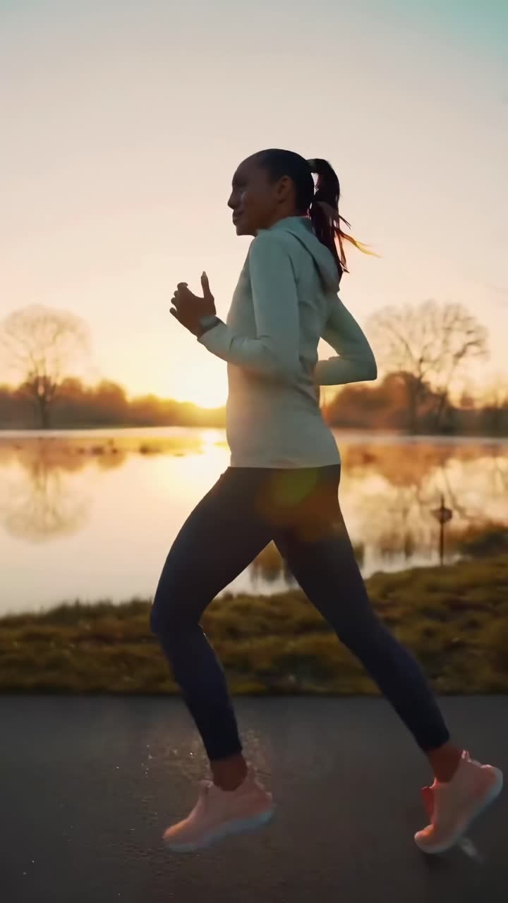 Low-angle video shot of a jogger's legs on a sunrise path, capturing motion and energy