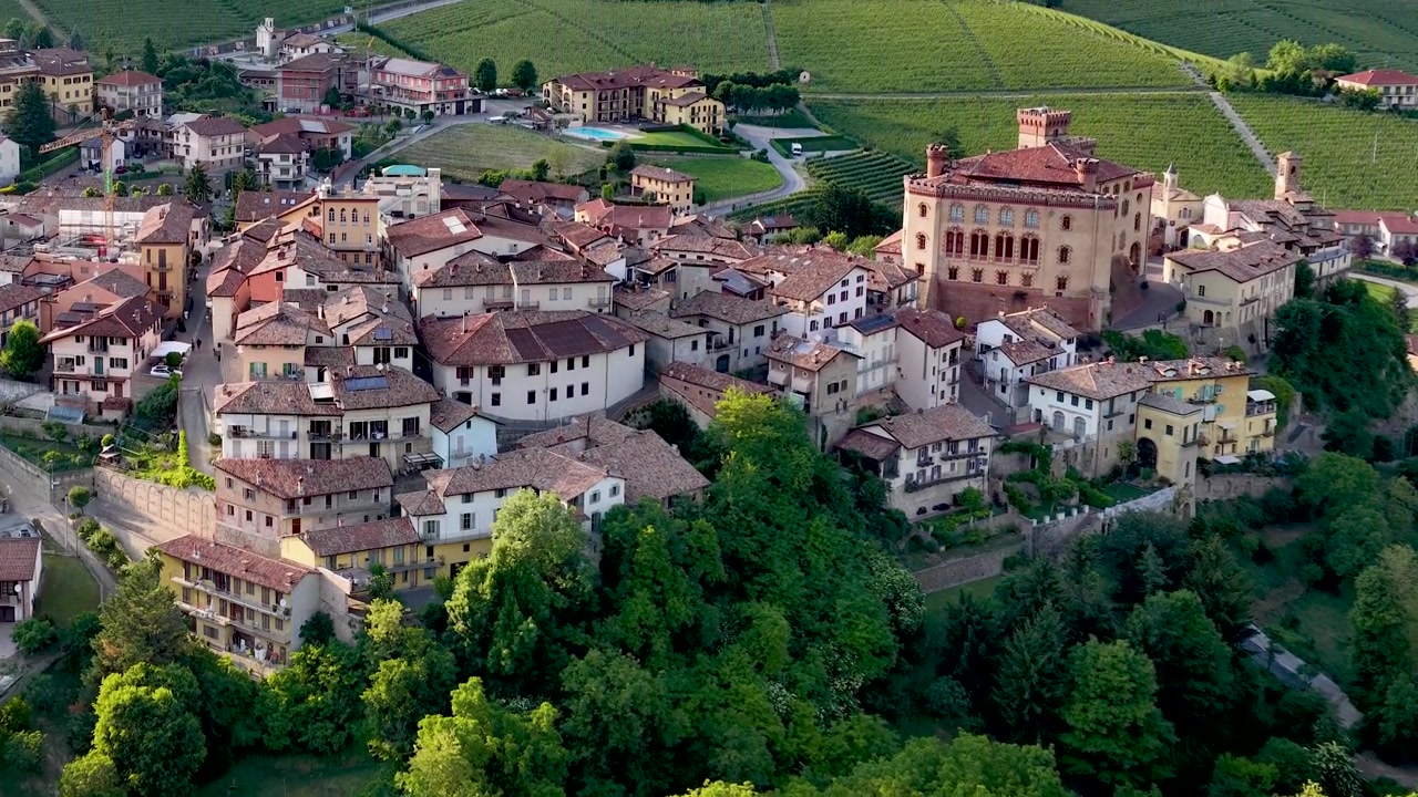Riprese con drone rivelano un borgo storico italiano circondato da dolci colline e rigogliosi vigneti verdi.