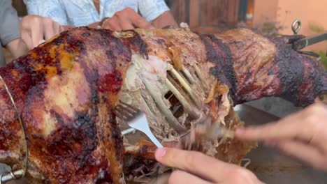 Men-hands-cutting-a-whole-lamb-with-forks-like-savages-on-a-spit-metal-stick-with-golden-crispy-skin,-lamb-bbq-grill-time-during-summer,-4K-shot