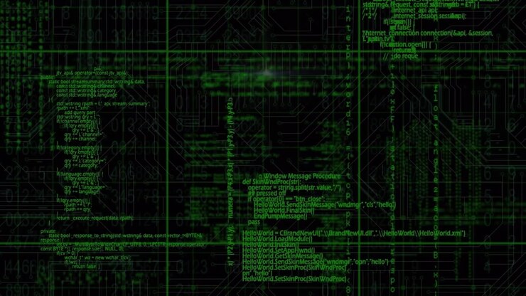 Animation of data processing over grid on dark background
