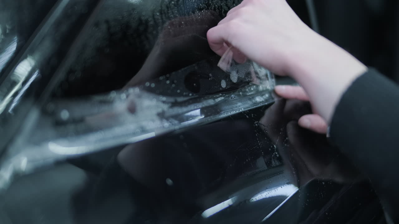 Aplicando película protetora no vidro de um carro
