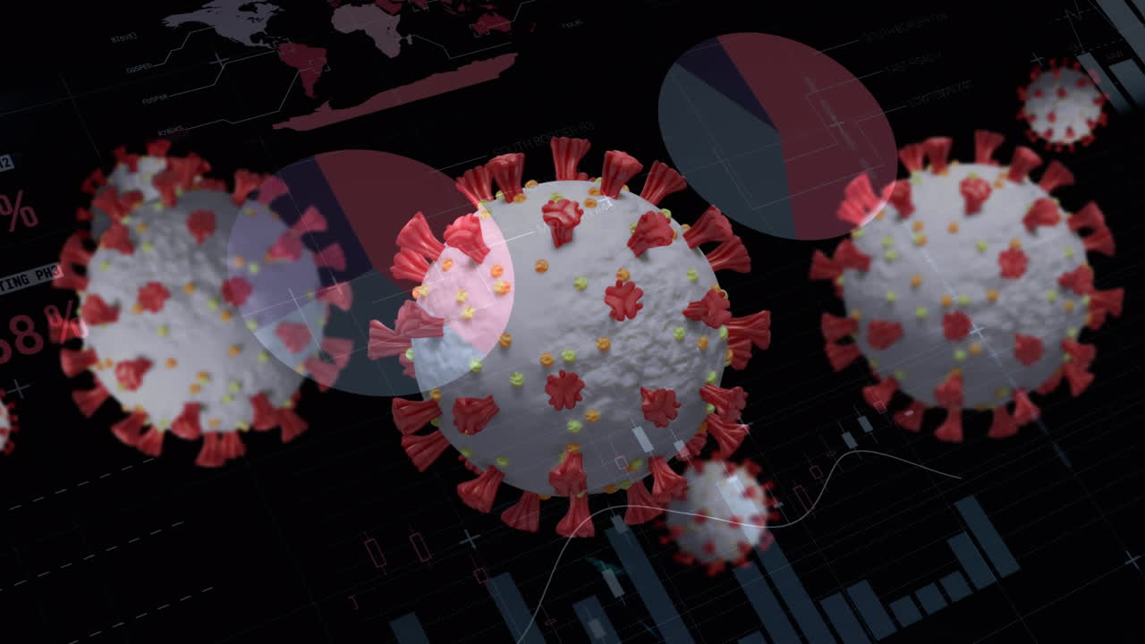 animación digital de múltiples células de covid-19 contra el procesamiento de datos estadísticos en fondo negro