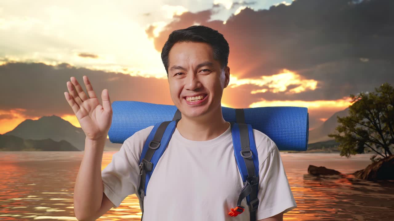 Close Up Of Asian Male Hiker With Mountaineering Backpack Waving Hand And Saying Bye At A Lake