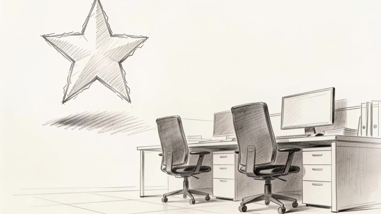 Stella a cinque punte disegnata che si muove verso il basso in un ufficio, con ombra che si scurisce, aggiungendo profondità e spazio per il testo.
