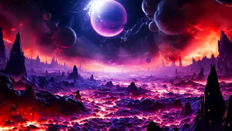 un paisaje de fantasía con planetas y estrellas en el cielo
