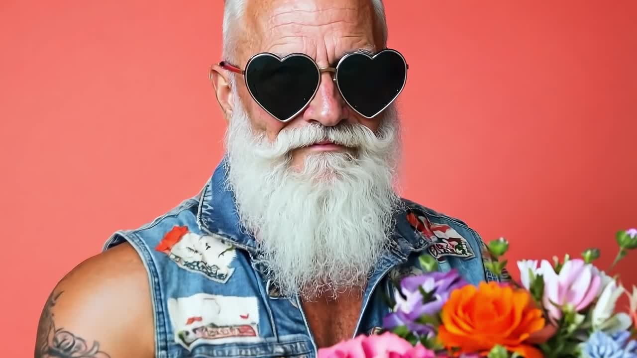 un hombre con una larga barba blanca sosteniendo un ramo de flores
