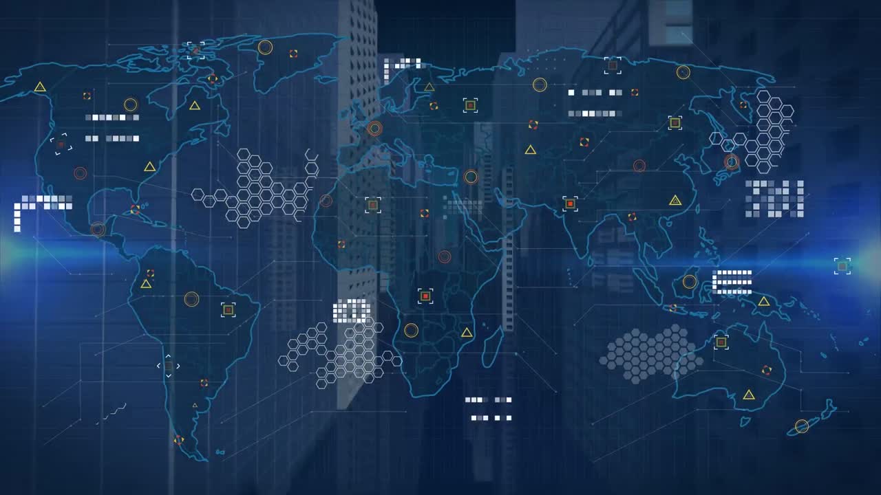 Animation of world map over server room on dark background