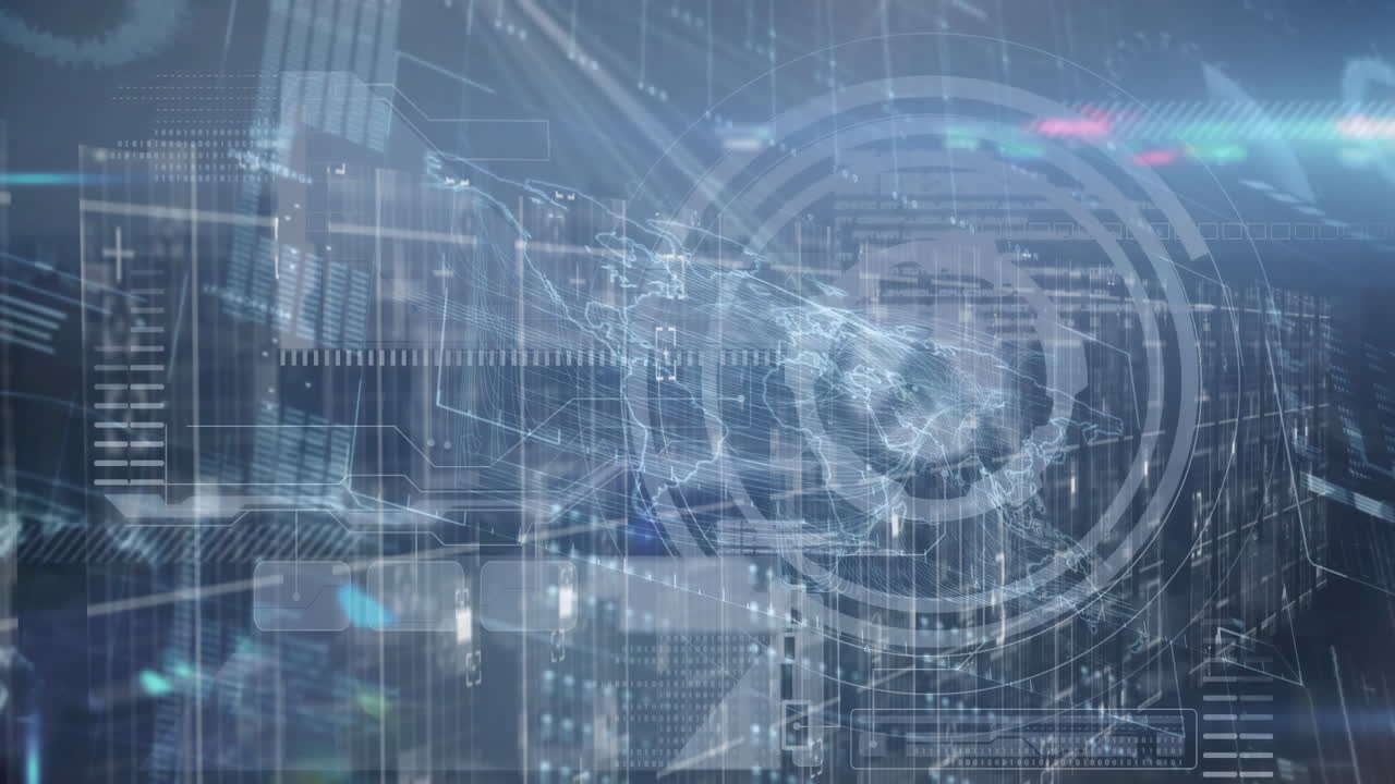 Animation of digital interface with world map and data processing elements