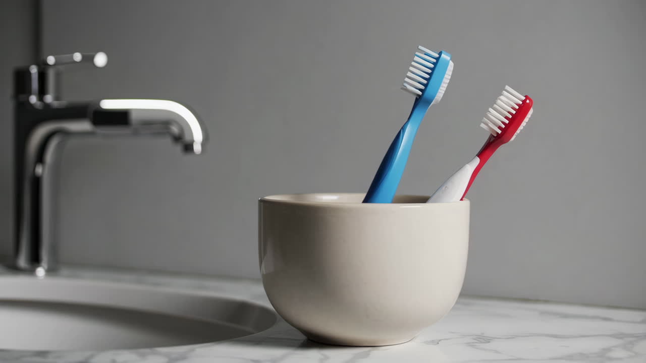Toothbrushes in a Cup on a Bathroom Sink