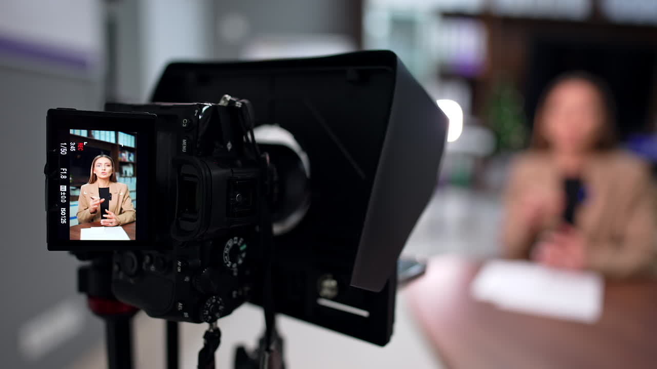 Display of modern camera showing a female speaker. Close up. Woman talks and gestures creating her video for a blog. Blurred backdrop.
