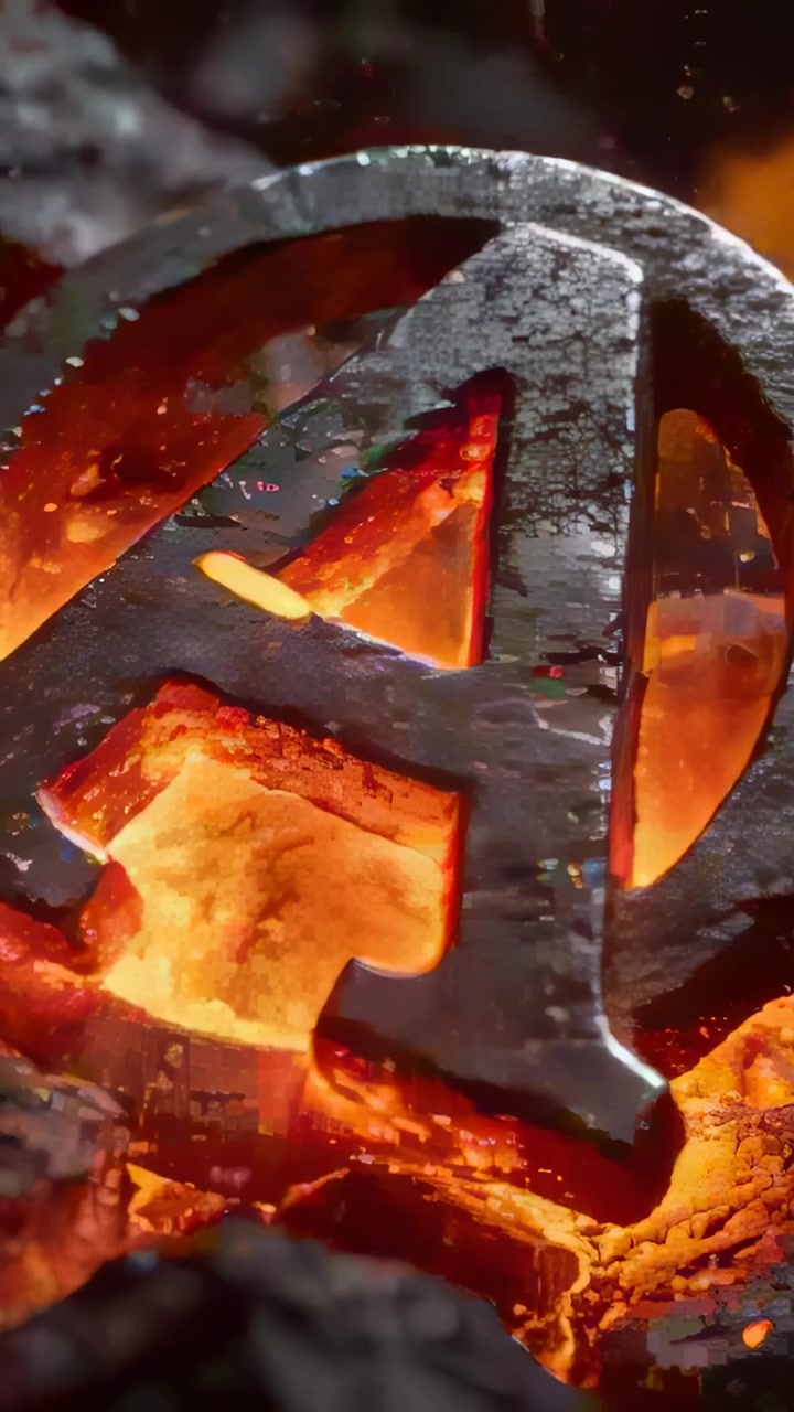 Vídeo vertical: Emblema de metal com a letra A sendo aquecido por brasas incandescentes na forja, recorte triangular brilhando