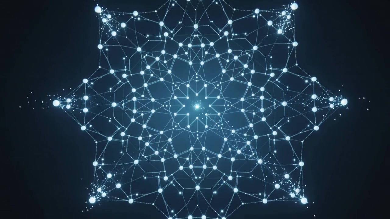 Forming glowing network in dark field as spark streams from edges building star lattice with nodes