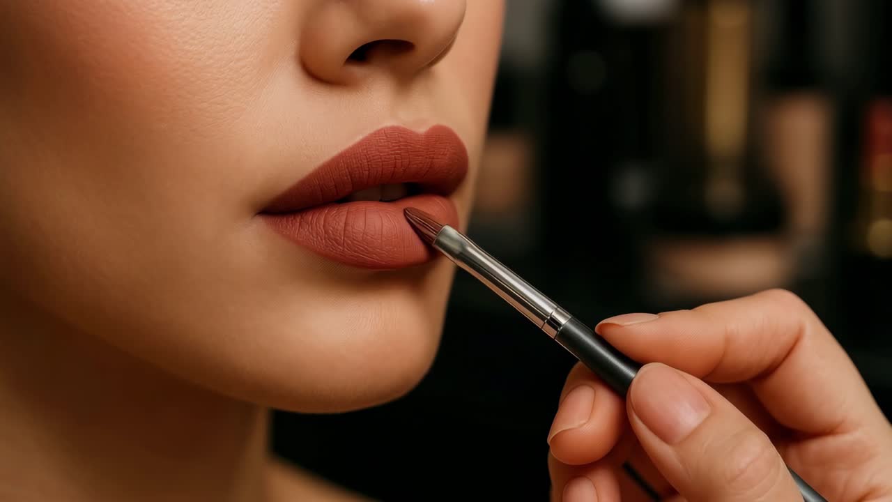 Close-up video angle capturing a makeup brush applying lipstick on lips, showcasing beauty