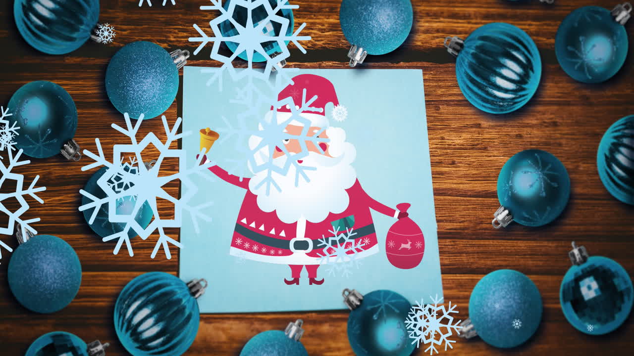 animación de nieve cayendo sobre santa y bolas de navidad