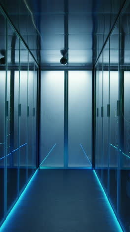 modern data center corridor with blue lighting