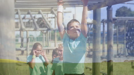 at playground, children playing on monkey bars with animation on sunny day