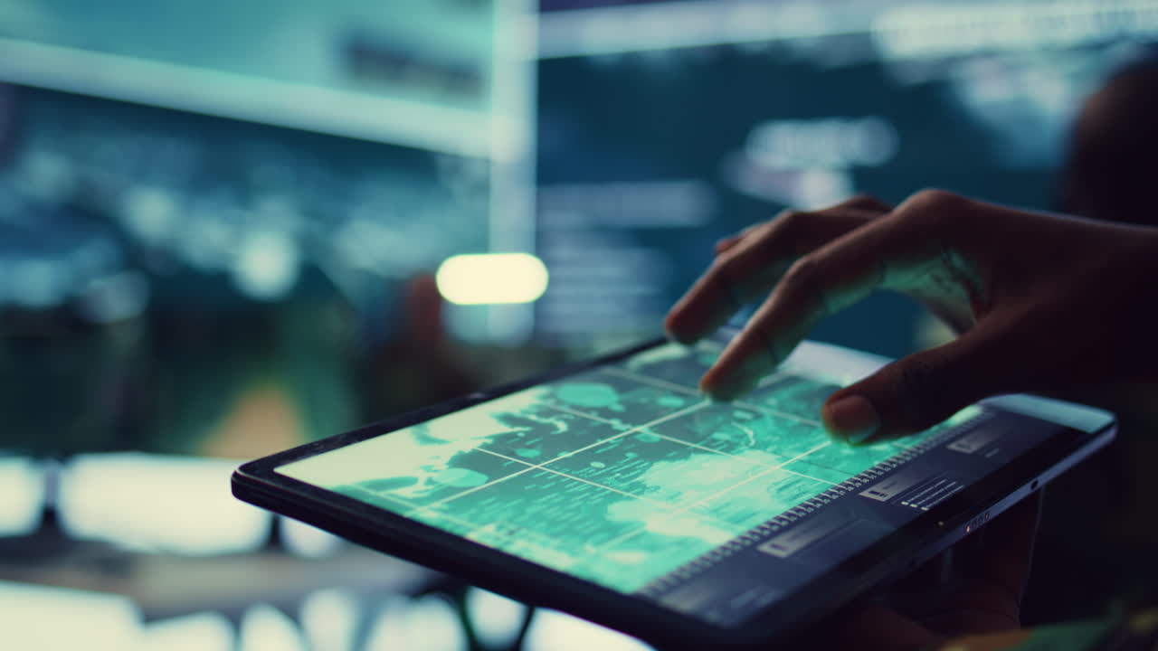Navy operations specialist examines a world map with gps system on his tablet